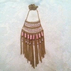 Gold Tone Pink Beaded Long Fringed Necklace *